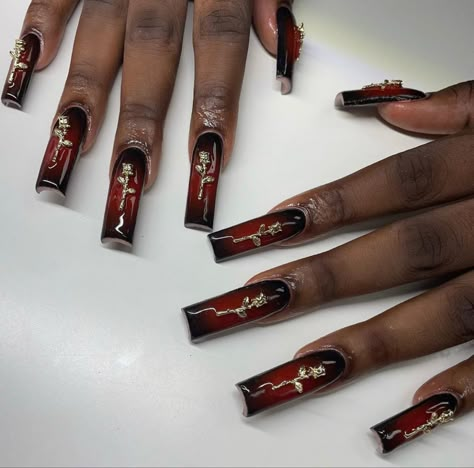 Dark Nail Acrylic, Ivan Cornejo Inspired Nails, Vampy Nails Acrylic, Coffin Burgundy Nails Acrylics, Red Aura Nails Acrylic, Long Grunge Nails, Acrylic Red Nails Design, Red Grunge Nails, Dark Birthday Nails