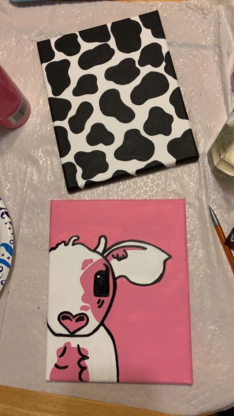 Cow Print Canvas Painting, Cow Print Painting, Cow Print Canvas, Cow Drawing, Easy Canvas, Easy Canvas Art, Pink Cow, Print Painting, Painting Set