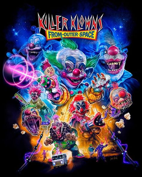 Killer Klowns From Outer Space by Devon Whitehead Killer Klowns From Outer Space, Clown Horror, Desain Editorial, 80s Horror, Horror Movie Icons, Horror Artwork, Evil Clowns, Horror Posters, Horror Movie Art