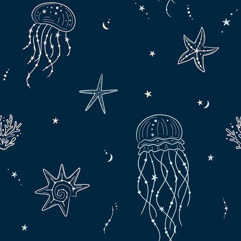 Seamless pattern with seashells, jellyfish and starfishes. Marine dark blue background. For printing, fabric, textile, manufacturing, wallpapers. Under the sea Background For Printing, Under The Sea Background, Underwater Cartoon, Chalkboard Vector, Fish Silhouette, Sea Illustration, Textile Manufacturing, Printing Fabric, Free Hand Drawing