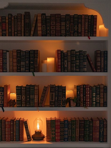 cozy home decor ideas | lighting | winter | led candles | fairy lights | decorations Bookcase Lamp Ideas, Bookshelves With Led Lights, Fairy Lights Bookcase, Light In Bookshelf, Lights In Bookshelves, Fairy Light Bookshelf, Bookshelf With Lighting, Bookshelf Led Lighting, Home Library Lighting Ideas