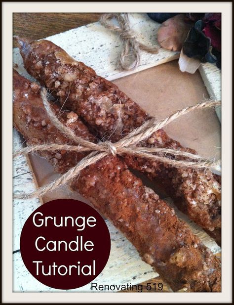 Grunge candle tutorial over at Renovating519 !http://www.renovating519.blogspot.ca/2013/06/diy-grunge-candles.html Grunge Candles, Grunge Candle, Leftover Candle, Grubby Candles, Grungy Candles, Candle Tutorial, Primative Decor, Primitive Candles, Country Candle