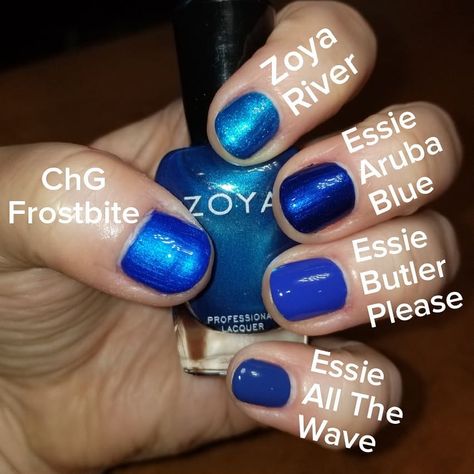 Comparison Swatches ☆ Chg | Frostbite (thumb) • Zoya | River (index) • Essie | Aruba Blue (middle) • Essie | Butler Please (ring) • Essie | All The Wave (pinky) Essie Aruba Blue, Nail Colors Essie, 2023 Nail, Elegant Nail Designs, Essie Nail Polish, Essie Nail, Elegant Nails, The Wave, Aruba