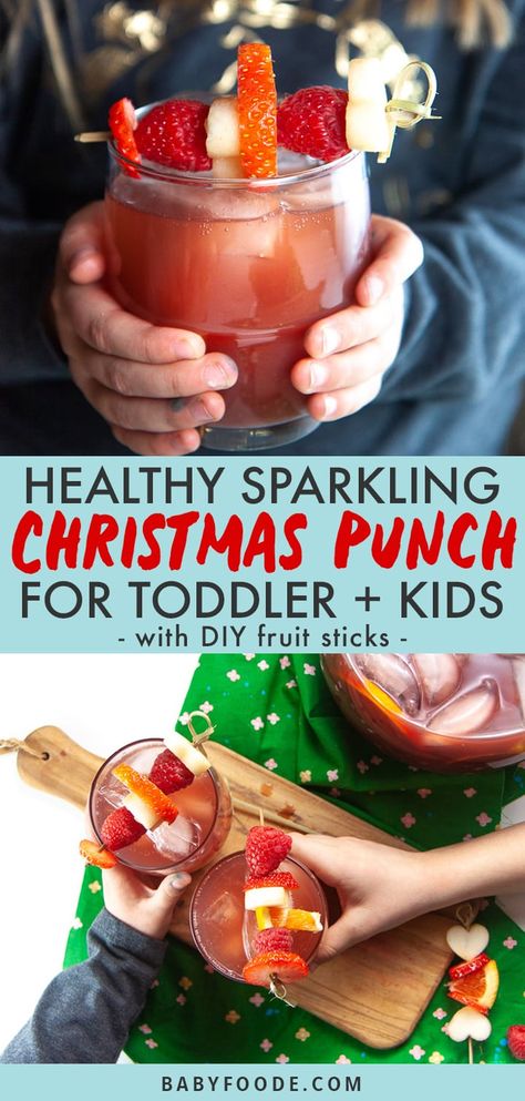 This Healthy Sparkling Christmas Punch is a fun twist on the classic version - but made with wholesome ingredients that is perfect for kids ages 1 and up! Plus, they get to make their own DIY Fruit Skewers to garnish their fancy "grown up" drink. #christmaspunch #healthy #toddler Christmas Punch For Kids, Punch For Kids, Fun Kids Drinks, Punch Recipes For Kids, Kid Friendly Drinks, Fruit Sticks, Kids Punch, Christmas Punch Recipes, Sparkling Christmas