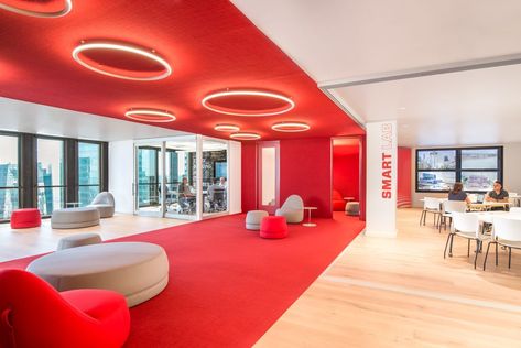 Red Office, Office Space Design, Corporate Interiors, Workplace Design, Retail Design Blog, Office Lighting, Ceiling Tiles, Inspiring Spaces, Light Architecture