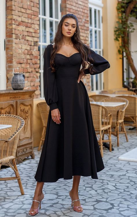 Fabric: Crepe Cotton 75%, Polyester 20%, Elastane 5% Puff sleeves Bustier bodice Midi Length Sleeve length: 70cm/ 27.5n Skirt length: 90cm/ 35.5in Black Long Dress With Puffy Sleeves, Formal Black Dress Long Sleeve, Elegant Midi Dress Classy, Midi Dress Classy, Black Bustier Dress, Long Black Dress Formal, Wedding Guest Outfit Ideas, Shoes Guide, Long Sleeve Black Dress