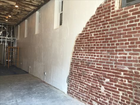 Brick Cement Wall, Faux Brick And Plaster Wall, Diy Brick Wall With Plaster, Half Plastered Brick Wall, Exposed Brick Plaster, Brick And Plaster Wall, Stained Brick, Plasterboard Wall, Garage Exterior