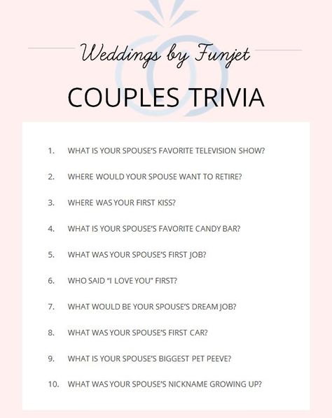 A fun little trivia sheet for wedding showers.  Have their fiance answer the questions first and see how many each of them can get right.   #weddingshower #bridalshower #bridetobe Wedding Trivia Questions, Couple Trivia Questions, Indian Wedding Games, Couples Trivia, Couples Valentines Day, Wedding Trivia, Bridal Party Games, Newlywed Game, Wedding Questions