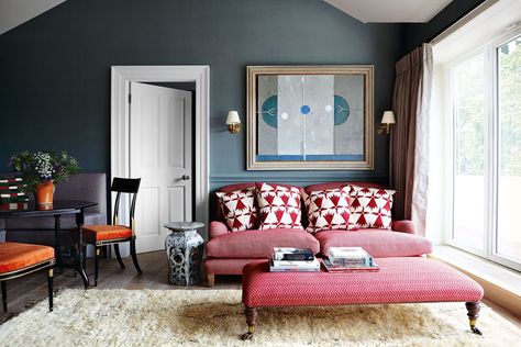 A London flat by Adam Bray full of rich colour and texture French Dining Chairs, One Bedroom Flat, Living Room Red, Red Sofa, Blue Living Room, Pierre Frey, A Living Room, Small Living Rooms, Small Living Room