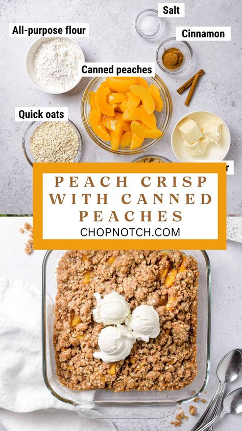 Indulge in the delightful flavors of summer with our Peach Crisp recipe, a mouthwatering dessert that captures the essence of ripe peaches and golden sunshine. Juicy peach slices topped with a crisp oat crumble, baked to golden perfection, create a warm and comforting treat that will brighten your day.🍑🌞 Pin this recipe now for a taste of summer in every bite! #PeachCrisp #HomemadeDesserts #ChopNotchRecipes #SummerFlavors #SweetIndulgence Peach Crumble Canned Peaches, Sliced Peaches Recipes, Recipes With Can Peaches, Canned Peach Crisp Recipe, What To Make With Canned Peaches, Peach Crisp With Oatmeal, Healthy Peach Crumble, Oatmeal Peach Cobbler, Peach Deserts Ideas