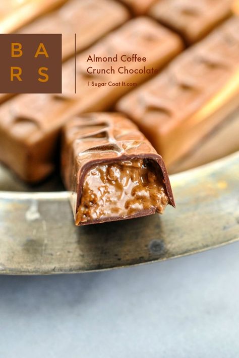 Almond Coffee Crunch Chocolate Bars - I Sugar Coat It Chocolatier Recipes, Coffee Crunch, Crunch Chocolate Bar, Chocolate Bonbons Recipe, Crunch Chocolate, Bon Bons Recipe, Almond Coffee, Candy Bar Recipe, Chocolate Bar Recipe