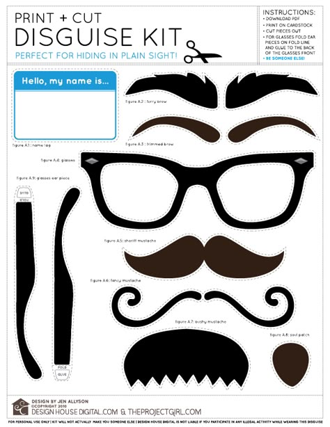 Love it! Now I can dress up as Tommy Smythe ,Sarah Richardson's hilarious parner in crime!!!!!   free printable disguise kit Diy Spy Gear, Detective Crafts, Geheimagenten Party, Spy Camp, Diy Fotokabine, Secret Agent Party, Spy Kit, Spy Birthday Parties, October Holidays