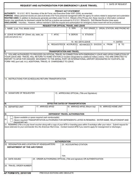 AFFORM.NET – AF Form 972 – Request And Authorization For Emergency Leave Travel – An AF Form 972, Request And Authorization For Emerge, is an essential part of the discharge process of an active-duty Air Force service member. The military form is required for authorized personnel who are not currently on a leave of absence but are on convalescent leave. Authorized personnel on convalescent leave should submit AF Form 988 in order to report their absence. Here is a short descrip Military Leave Form, Leave Form, Leave Of Absence, Printable Forms, Chase Rice, Military Personnel, The Military, Air Force, Force