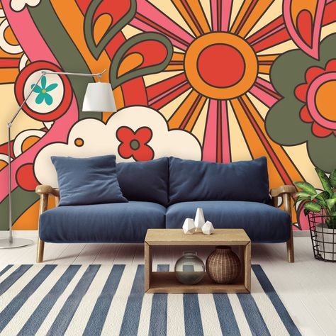 Groovy Sun 70s Mural Art, 70s Mural, Trippy Living Room Ideas, Van Mural, 1915 House, 70s Wall Mural, Groovy Room, Peel And Stick Wall Murals, Repositionable Wallpaper