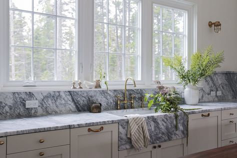 Quartz Behind Stove, Marble Window Trim, Window Over Stove, Concrete Foundation, Repurposed Dresser, Mount Desert Island, Airbnb Rentals, Three Bedroom House, Poured Concrete