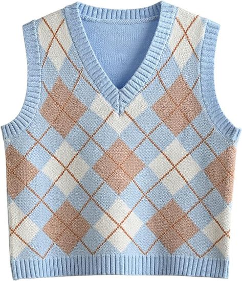 Hyipels Argyle Sweater Vest Women Y2K Plaid Knitted Streetwear Preppy Style V Neck Crop Knitwear Tank Top for Girl Plaid Sweater Vest, Vest Y2k, Streetwear Preppy, Argyle Vest, Knitted Crop Tank Top, Argyle Sweater Vest, Preppy Sweater, Sleeveless Sweater Vest, Sweater Vest Women