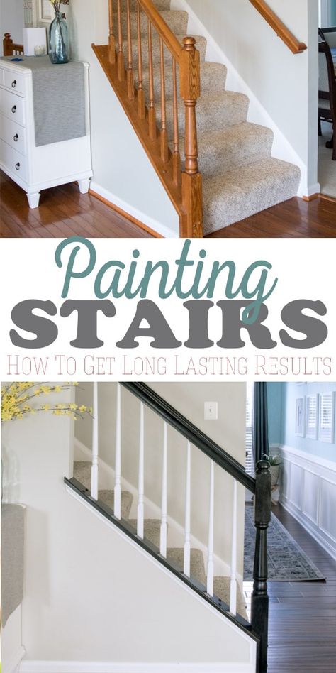 The easiest way to paint an old oak banister including railing and balusters. No priming, No chipping, and I love the classic look of black and white. Painted Banister, Painted Stair Railings, Oak Banister, Black Stair Railing, Black And White Stairs, Diy Stairs Makeover, Stair Railing Makeover, Diy Staircase Makeover, Stairs Renovation