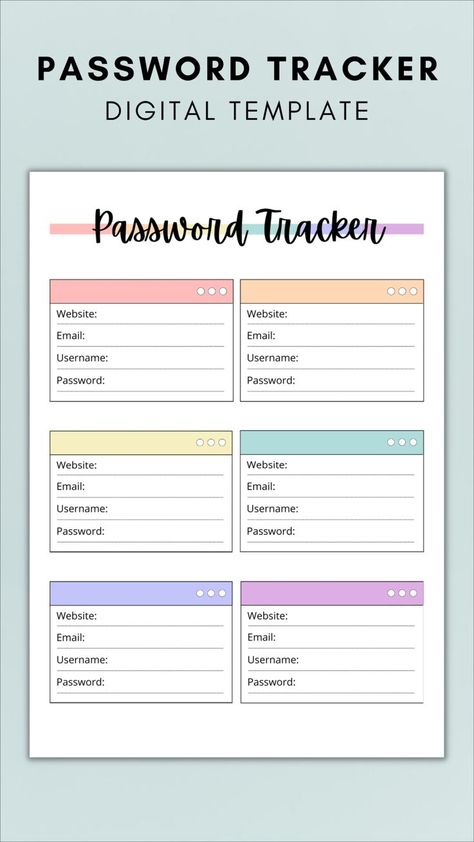 You can use this template to monitor and record all your passwords! Password Tracker Printable, Printable Password Log, Printable Password Tracker, Bullet Journal Work, Organizer Template, Password Organizer, Password Keeper, Editable Planner, Password Tracker