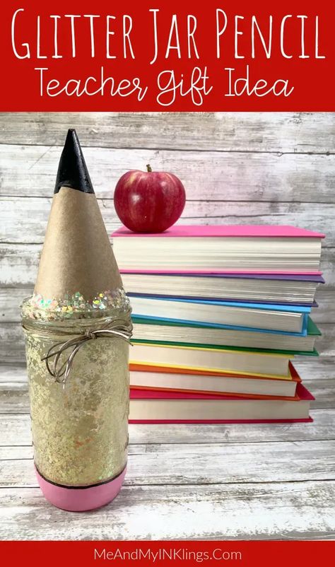 Glitter Jar Pencil Teacher Gift Idea #glitterit #jarcraft #teachergift #diy #glitter #beacon #beaconcreates Pencil Mason Jar Teacher Gifts, Pencil Teacher Gift, Pencil Decor, Mason Jar Teacher Gifts, Apple Ideas, Laura Kelly, Glitter Mason Jars, Glitter Jars, Apple Craft