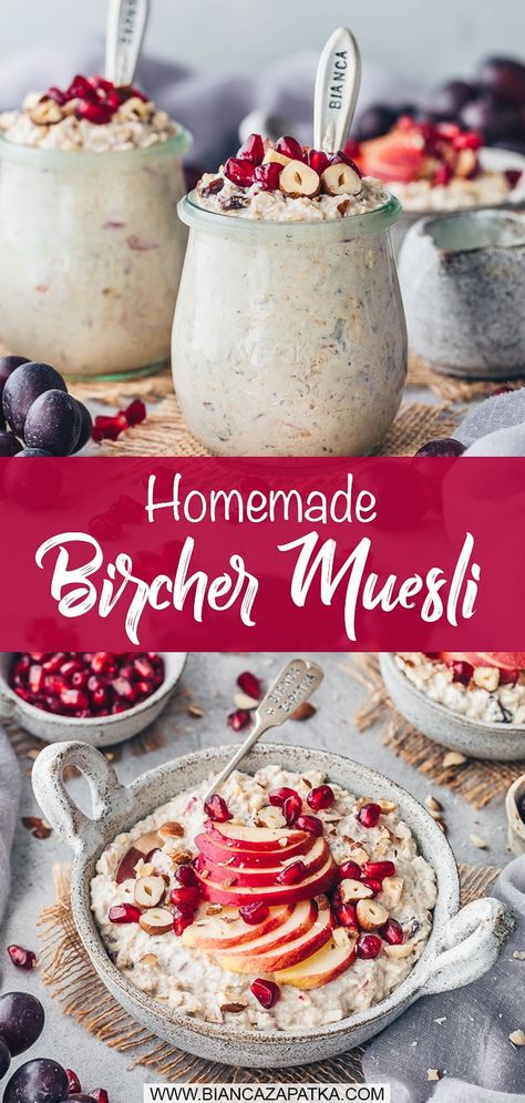 This simple apple and cinnamon Bircher muesli recipe is quick to make with rolled oats, fresh fruit and yogurt - delicious Swiss breakfast! #breakfast #oatmeal #bircher #muesli #cinnamon #nuts #porridge #apples #easyrecipes #fruits #recipes #food #healthyrecipes | biancazapatka.com Best Bircher Muesli Recipe, Musli Recipe, Swiss Oatmeal, Bircher Recipe, Swiss Breakfast, Bircher Muesli Recipe, Muesli Breakfast, Fodmap Breakfast, Muesli Recipe