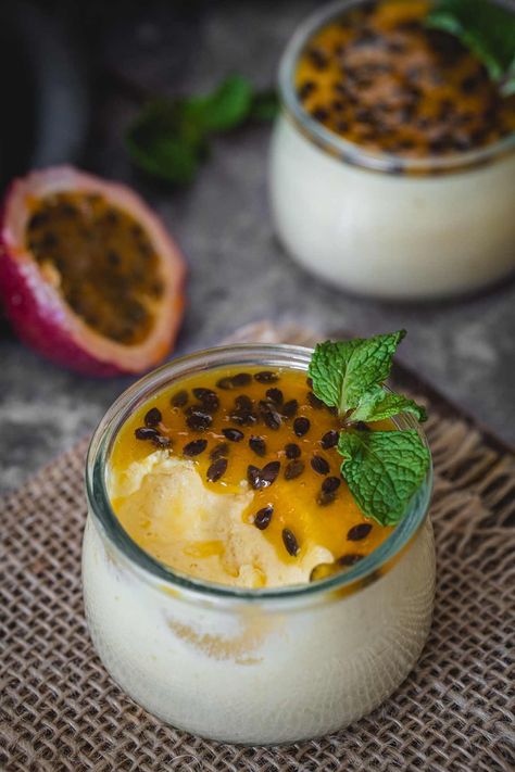 This fruity and tangy passion fruit mousse with mango is the perfect colorful dessert to enjoy at home or serve to guests. It takes just 20 minutes to get these beautiful mini mousses chilling in the fridge as a sweet treat. #HalfYourPlate #PassionFruit #Dessert #FruitDessert #FruitMousse #Mango Fruit Mousse, Australian Desserts, Orange Bread Recipe, Passion Fruit Mousse, Mango Chia Pudding, Passionfruit Recipes, Tropical Desserts, Orange Bread, Fruit Mango