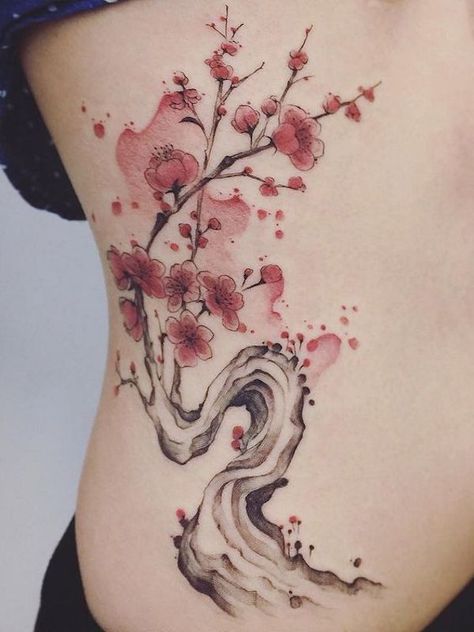 Cherry Blossom Rib Tattoo, Sakura Tattoo Design, Sakura Tattoo, Cherry Tattoos, Tattoo Pictures, Vine Tattoos, Tatuaje A Color, Blossom Tattoo, Cherry Blossom Tattoo