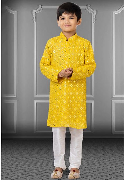 Yellow Embroidered Georgette Kids Kurta Set Faux Mirror, Kids Kurta Pajama, Wedding Outfit For Boys, Kids Wear Boys, Boys Kurta Design, Kids Kurta, Haldi Outfits, Haldi Outfit, Boys Kurta