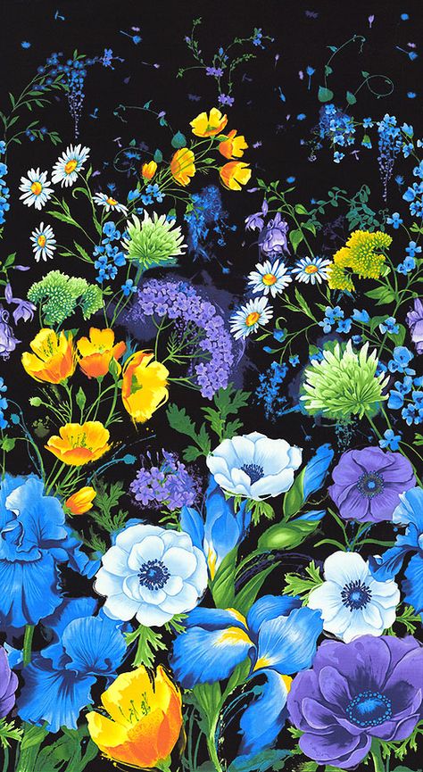 Quilt Panels, Wallpaper Floral, Flower Panels, Midnight Garden, Flower Quilt, Wildflower Garden, Floral Quilt, Garden Borders, Panel Quilts