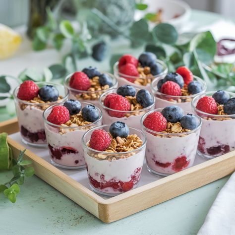 Frozen Yogurt Granola Cups 🍦 These Frozen Yogurt Granola Cups are a fun and healthy treat, perfect for a hot day! Recipe: Ingredients: 1 cup Greek yogurt 1 tbsp honey 1/2 cup granola 1/2 cup mixed berries Instructions: In a bowl, mix Greek yogurt and honey. Spoon the yogurt mixture into muffin cups. Sprinkle granola and berries on top. Freeze for at least 4 hours. Serve and enjoy! Hashtags: #FrozenYogurt #HealthyTreats #GranolaCups 🍦🍯🍇 Mini Yogurt Parfait Cups, Mini Yogurt Parfait, Mini Parfait Cups, Appetizer Veggie, Parfait Yogurt, Greek Yogurt And Honey, Yogurt Parfait Cups, Yogurt Parfait Bar, Parfait Bar