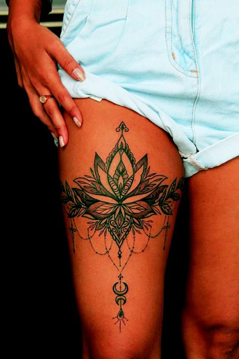 Thigh Garter Tattoo, Girl Thigh Tattoos, Garter Tattoo, Thigh Garter, Hip Thigh Tattoos, Hip Tattoos Women, Leg Tattoos Women, Dope Tattoos For Women, Lace Tattoo