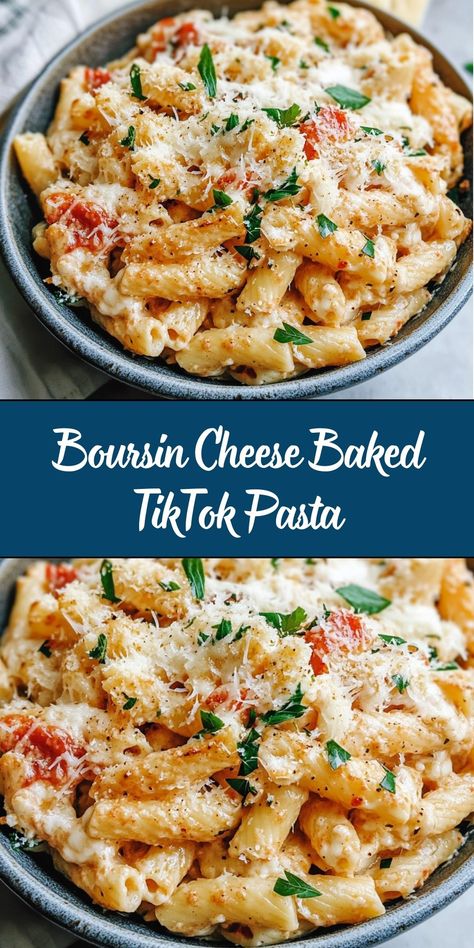 Boursin cheese baked pasta is a creamy, flavorful twist on the viral TikTok feta pasta recipe. This dish features roasted tomatoes, garlic, and a block of rich, herby Boursin cheese that melts into a luxurious sauce. Tossed with pasta and fresh basil, this easy one-pan meal is perfect for busy weeknights or a comforting dinner. Pasta Bake With Boursin, Boursin Pasta Recipe Tiktok, Boursin Tortellini Bake, Pasta Boursin Cheese, Boursin Macaroni And Cheese, Viral Boursin Pasta, Boursin Dinner Recipes, Tiktok Pasta Boursin, Boursin Cheese Recipes Dinners