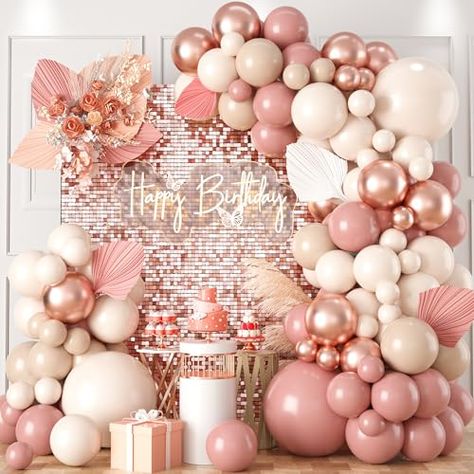 Pink And Cream Birthday Party, Dusty Pink Birthday Party Decor, Pink Rose Birthday Party Ideas, Rose Gold 21st Birthday Ideas, Pink White Gold Balloon Garland, Pink Gold And White Party Decoration, Birthday Balloon Arch Ideas, Nude Balloon Arch, Pink And White Birthday Decor