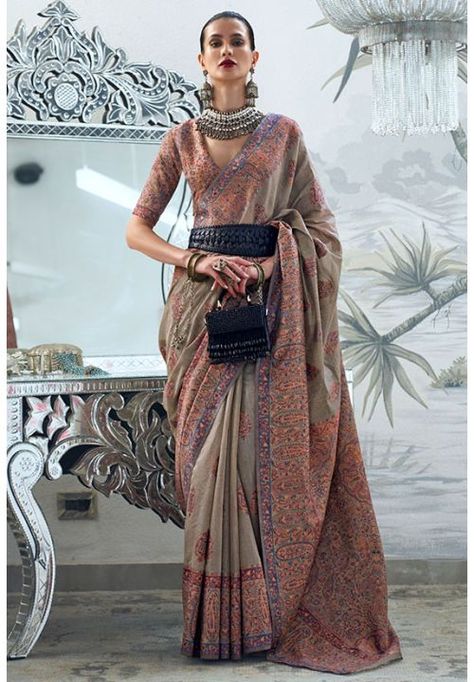 Taupe Kashmiri Handloom Weaving Saree Kashmiri Saree, Pashmina Saree, Pashmina Silk, Fancy Saree, Handloom Weaving, Half Sleeve Blouse, Art Silk Sarees, Festive Wear, Color Art