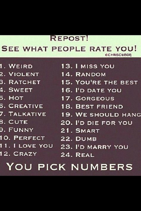 Rate me?(: And don't be rude! Thanks! Chat Board, Totally Me, You're The Best, Describe Me, Im Bored, Marry You, All About Me!, Just Me, That Way