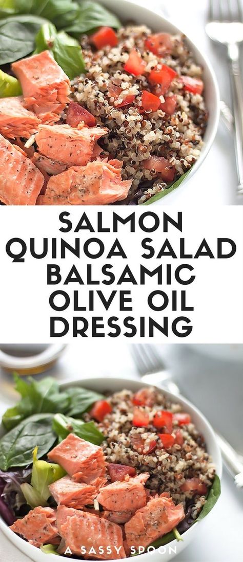 Salmon Quinoa Salad with Balsamic Olive Oil Dressing. Pan seared salmon served with chilled quinoa and mixed greens. An easy 15-minute meal! via @asassyspoon Dressings Recipes, Healthy Board, Seared Salmon Recipes, Health Meals, Salmon Quinoa, Olive Oil Dressing, Prep Food, Oil Dressing, Seafood Menu