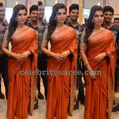 Samantha Orange Silk Saree Orange Colour Saree, Orange Silk Saree, Indian Wedding Dress Modern, Ikkat Blouse, Words In Different Languages, Samantha In Saree, Western Glam, Wedding Dress Modern, Kora Silk Sarees