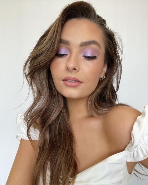 Mikayla Greenwood on Instagram: "TGIF 😜 Summer GRWM on this purple eye look is now live on my channel ✨" Purple Shadow Brown Eyes, Colorful Eye Makeup For Hazel Eyes, Formal Makeup For Lavender Dress, Lilac And Silver Eye Makeup, Simple Makeup Looks For Prom Purple Dress, Prom Makeup Looks For Lilac Dress, Natural Makeup Purple Eyeshadow, Purple Bridal Eye Makeup, Neutral Purple Eyeshadow