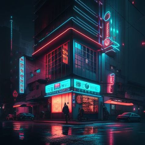 Cyberpunk Apartment Aesthetic, Cyberpunk Exterior Design, Cyberpunk Apartment Exterior, Cyberpunk Street Art, Cyberpunk World Building, Cyberpunk Apartment Building, Bloxburg Cyberpunk City, Sims Cyberpunk, Cyberpunk Restaurant