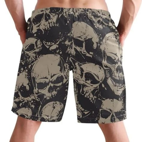 MoonTour Vintage Skull Gothic Skeleton Men's Swim Trunks, Skull Swim Trunks, Grunge Boys, Swimwear Aesthetic, Gothic Skeleton, Son Father, Water Parks, Vintage Skull, Boys Swim, Running Water