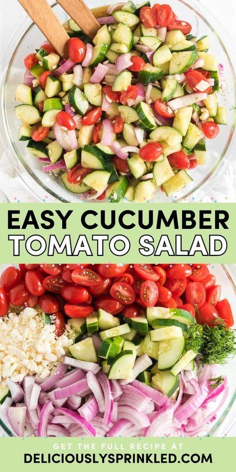 Need more summer salad ideas? Whip up this cucumber tomato salad recipe! It's perfect for your Memorial Day party food. Tossed in a homemade vinegar dressing, this tomato cucumber salad is deliciously light and healthy. Everyone will love this easy BBQ side dish! Memorial Side Dishes, Camp Side Dishes, Salad Sides For Bbq, Salads For Memorial Day, Bbq Side Salads Summer, Summer Time Side Dishes, Memorial Day Bbq Side Dishes, Memorial Day Bbq Food, Memorial Day Food Dinners