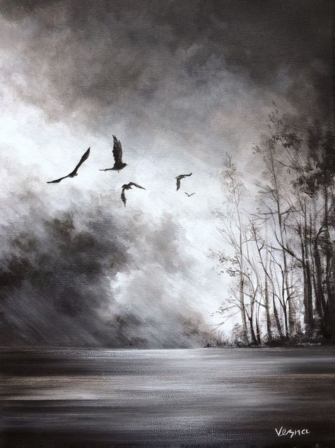 Charcoal On Canvas, Charcoal Art Landscape, Ink Art Landscape, Black And White Landscape Drawing, Charcoal Aesthetic, Black And White Painting Acrylic, Charcoal Landscape Drawing, Black And White Landscape Painting, Black And White Watercolor Painting