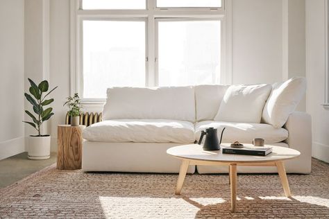 White cloud sofa in sunlit loft space. Contemporary Sofa Design, Deep Seat Sofa, Built In Sofa, Contemporary Sofas, Deep Sofa, Gathering Table, Contemporary Sofa, Vintage Sofa, Modern Furniture Living Room