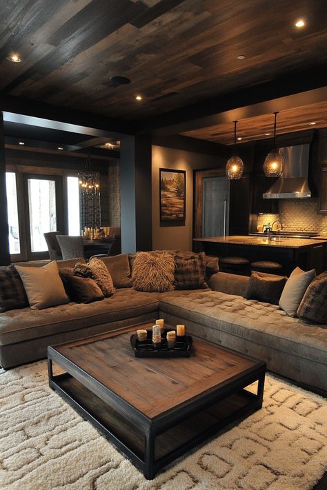 "Warm up your living room with cozy, earth-toned decor! 🌿🛋️ #LivingRoomIdeas #CozyDesign #EarthyDecor" Earth Tone Living Room Modern, Dream Home Living Room Cozy, Rustic Dark Living Room, Cool Toned Home Interior, Earth Tone House Interior, Browns And Grey Living Room, Beautiful Interior Design Living Room, Dark Cozy House Aesthetic, Home Interior Design Aesthetic