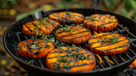 Cooking pumpkin with herbs on the grill coals. Healthy vegan recipes. Seasonal autumn side dish. Thanksgiving Day royalty free stock images Side Dish Thanksgiving, Grilled Pumpkin, Autumn Side Dishes, Healthy Vegan Recipes, Cooking Pumpkin, Thanksgiving Side Dishes, On The Grill, Vegan Recipes Healthy, The Grill