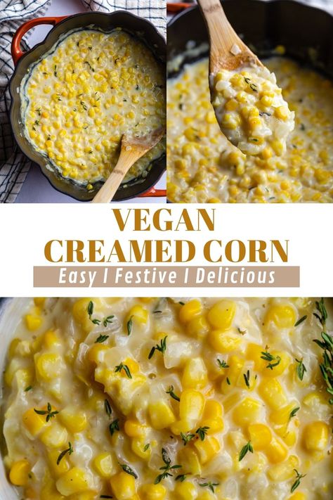 This Vegan Creamed Corn is SO ridiculously simple to make and absolutely delicious. No one will even know that it's dairy free and plant-based! Perfect for holiday dinners or even simple weeknight meals. Vegan Side Dishes For Easter, Dairy Free Corn Recipes, Dairy Free Creamed Corn, Corn Recipes Vegan, Dairy Free Christmas Sides, Vegan Cream Corn Recipe, Dairy Free Side Dishes, Vegan Creamed Corn, Vegan Corn Casserole