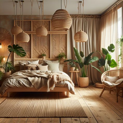 Cozy, natural bedroom with wooden bed, plush beige bedding, leafy indoor plants, wicker decor, rattan accents, pendant lights, jute rug, bamboo chair, and sheer curtains. Serene ambiance with earthy tones and textures. Bali Room, Earthy Bedroom Aesthetic, Bali Bedroom, Airbnb Bedroom, Bamboo Bedroom, Earth Tone Bedroom, Beige Bedding, Rattan Accents, Japandi House