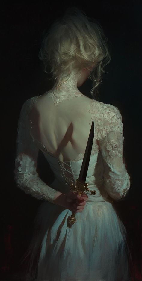 Woman With Knife Art, Knife Behind Back Drawing, Woman Holding Knife Reference, Killer Woman Aesthetic, Hands Behind Back Reference, Holding A Knife Reference Drawing, Knife In Hand Reference, Holding Knife Behind Back, Holding A Knife Pose Reference