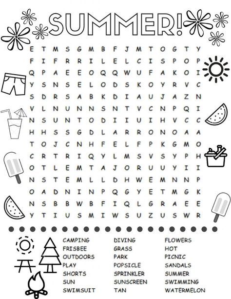 Summer Word Search Puzzles - Best Coloring Pages For Kids Kindergarten Word Search, Summer Word Search, Summer Puzzle, Kids Word Search, Beach Words, Summer Worksheets, Summer Words, Word Search Printables, Summer Printables