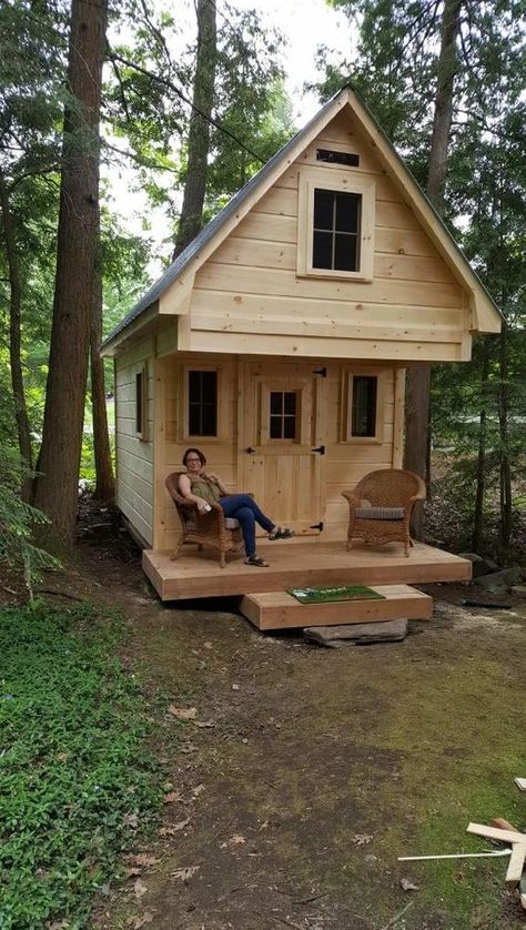 Tiny Cabin Loft, Wood Crafts Furniture, Shed With Loft, Rustic Shed, Shed With Porch, Cabin Loft, Shed Cabin, Backyard Cottage, Small Log Cabin