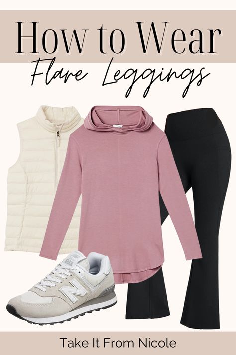 Trendy Yoga Pants Outfit, High Waisted Flare Leggings Outfit, Leggings Outfit With Hoodie, Yoga Pants With Cardigan Outfit, Bootcut Leggings Outfit Casual, Flare Yoga Pants Outfit Spring, How To Wear Yoga Pants Outfits Casual, How To Dress Up Yoga Pants Outfits, Black Flare Legging Outfit